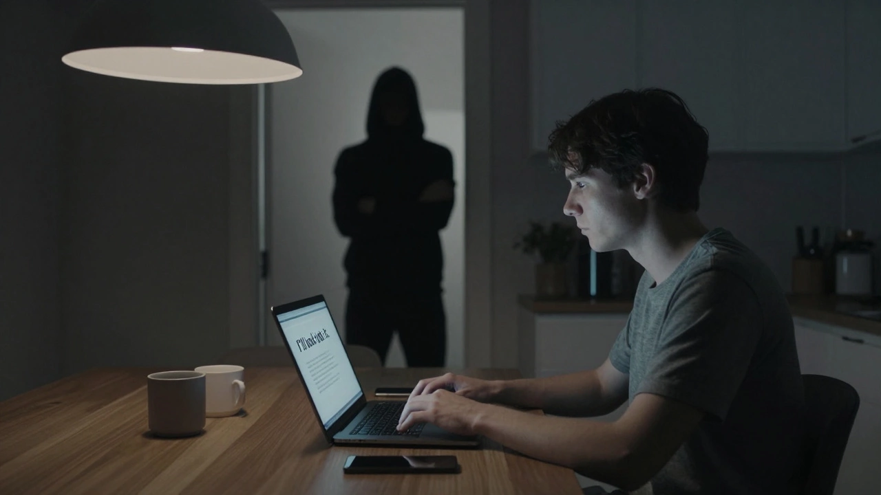 Someone typing a neutral response at a kitchen table while a shadowy figure watches.