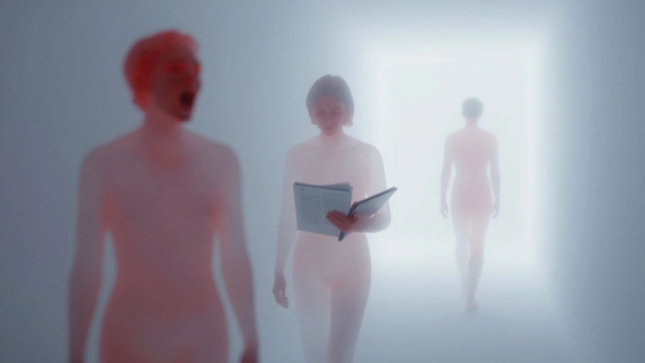 Three symbolic figures in a foggy corridor representing conflict, documentation, and withdrawal.